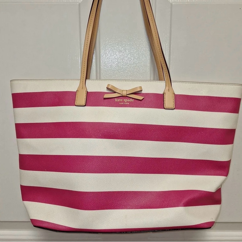Kate Spade pink and white large striped tote